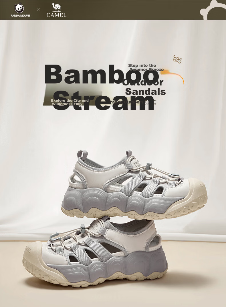 CAMEL Bamboo Stream Cute Hole Shoes Women Panda Collaboration Outdoor Breathable Sports Sandals L26M202035 Beige/Gray 37 1
