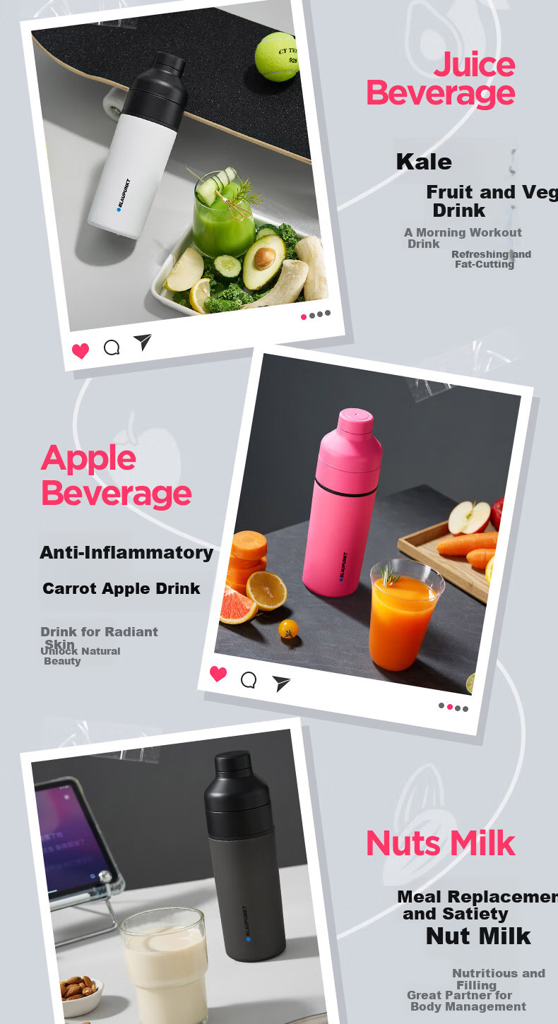 BLAUPUNKT Stainless Steel Juicer Portable Juicing Cup Home Juice Machine Insulated Ice Crushing Rechargeable Mini Multifunctional Antioxidant 316L Sweet Pink 15