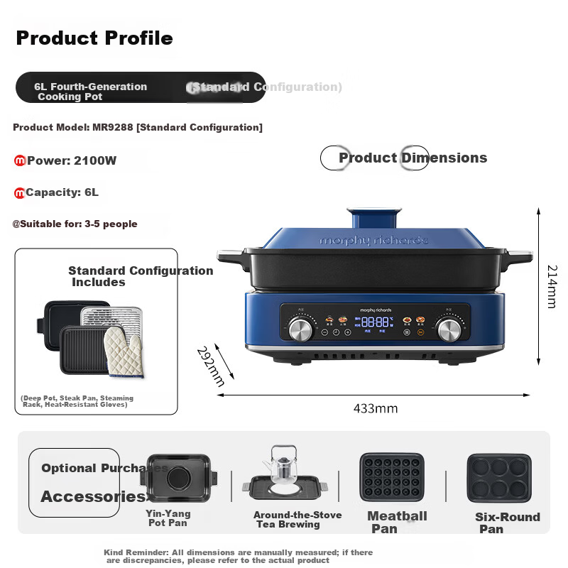 Morphyrichards 4th Generation Multifunctional Cooker 6L Large Capacity Electric Hot Pot Electric Steamer Electric Cooker Detachable Steaming, Boiling, Stir-frying, Non-stick Grilling Cooking Pot MR928