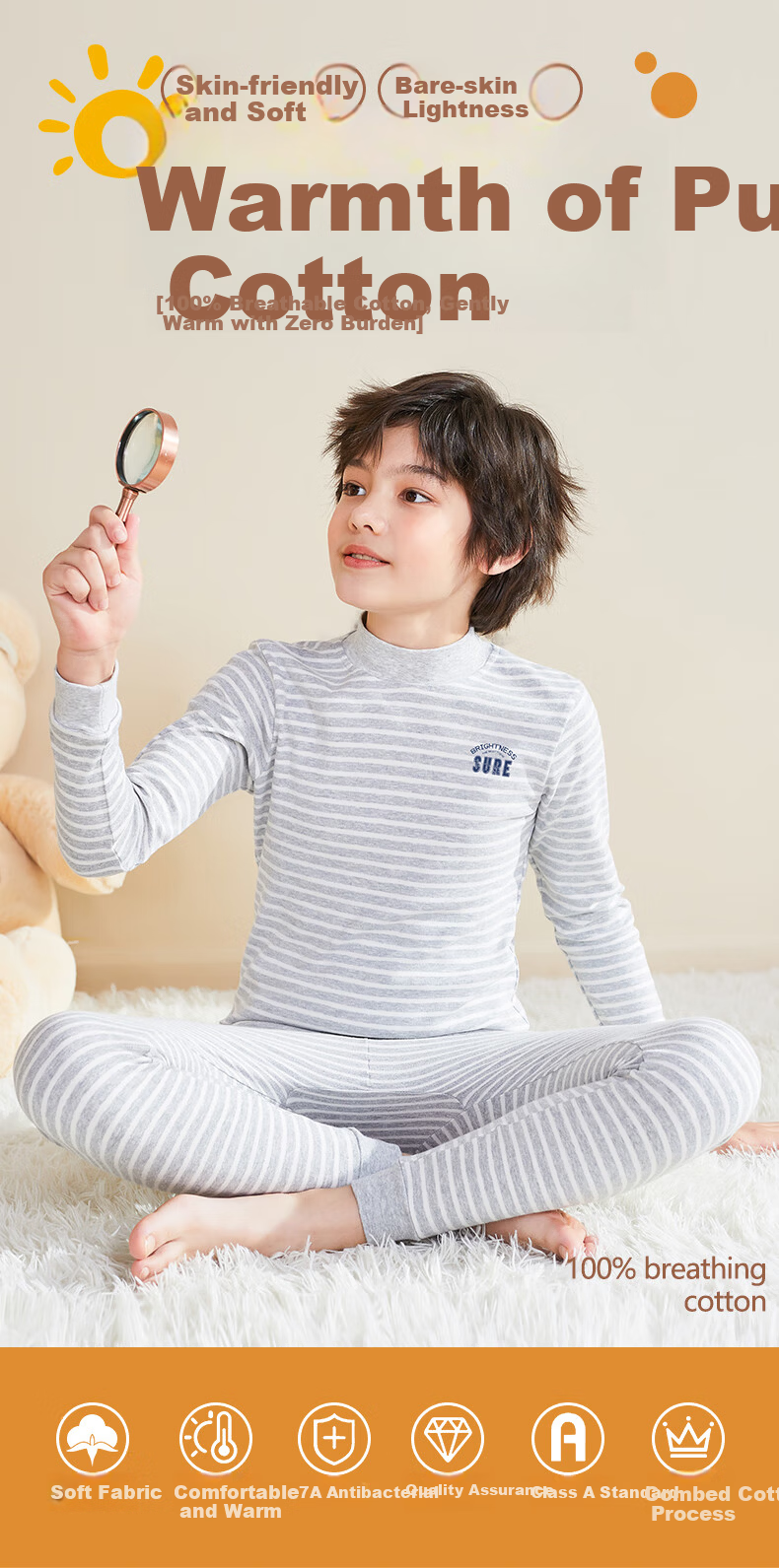 Dingguagua Boys' Cotton Thin Thermal Underwear Set Antibacterial Autumn Winter Kids' Pajamas for Older Children and Teens 1
