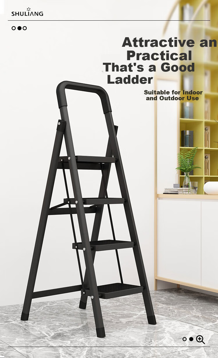 SHULIANG Household Indoor Folding Ladder Thickened Four-Step Engineering Ladder Black Obsidian Carbon Steel Ladder Height 3.2 Meters 2