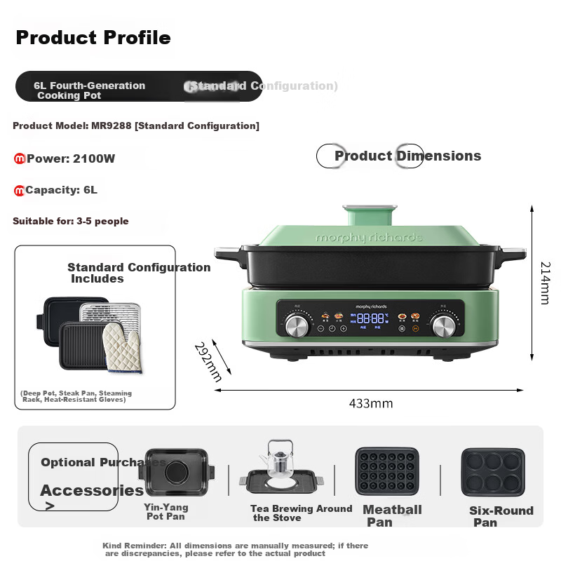Morphyrichards 4th Generation Multifunctional 6L Electric Hot Pot Steamer Cooker MR9288 Green [Standard Edition]