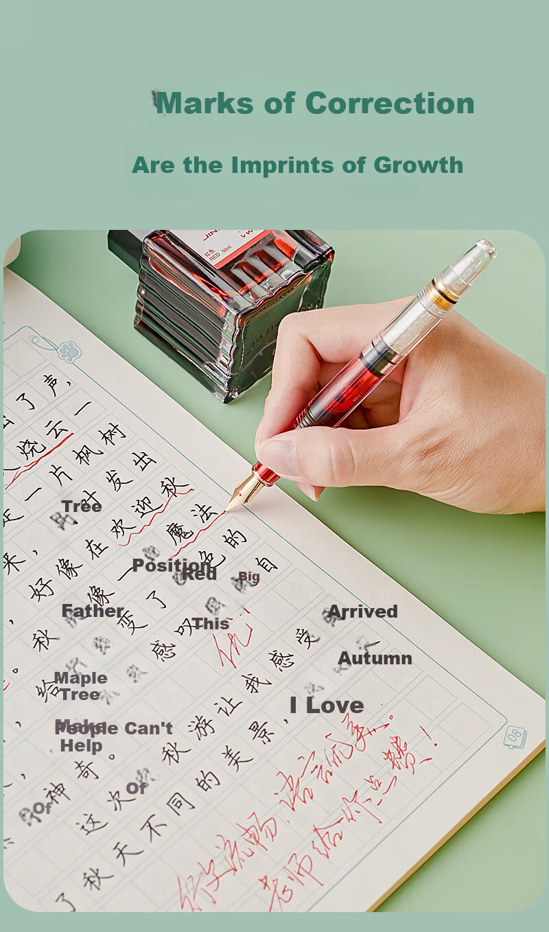 Liupintang Teacher Correction Fountain Pen Red Ink Large Capacity Bent Nib Calligraphy Pen for Grading Homework Adult Bent Tip Red Ink Correction Pen Hard Pen Calligraphy Practice 1