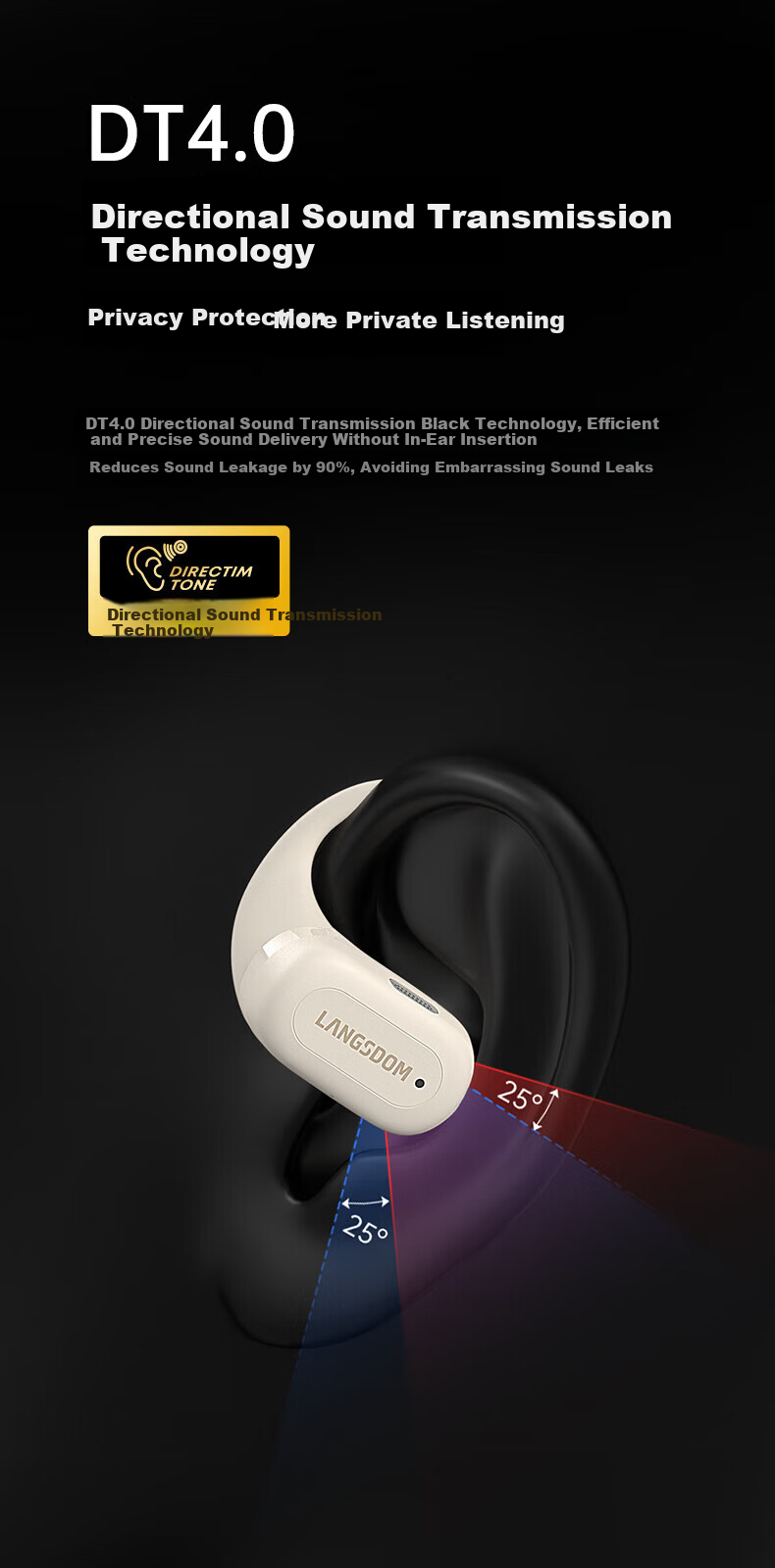 Langston TS19 Bluetooth Bone Conduction Open-Ear Earhook Headphones Matte Black 6