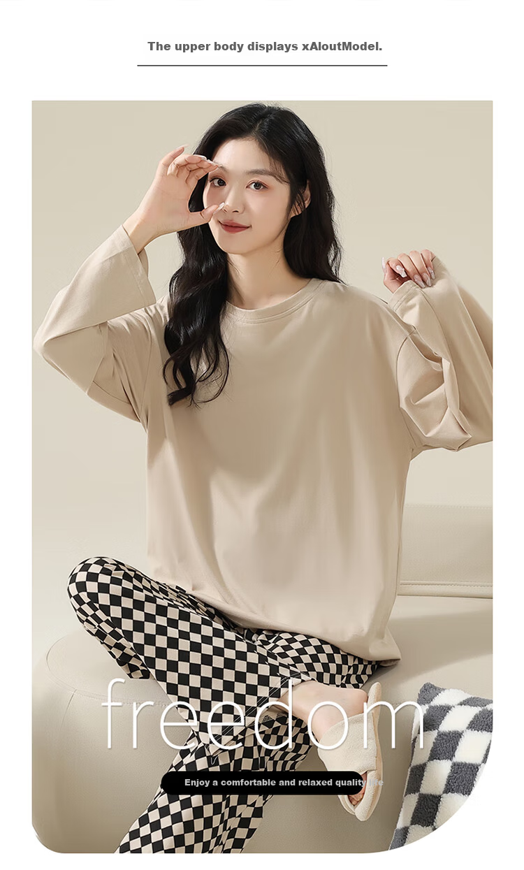 Hug Cotton [With Chest Pad] Couple Pajamas Men and Women Round Neck Pullover Long Sleeve Homewear 2025 New Spring and Autumn Wearable Outside 2
