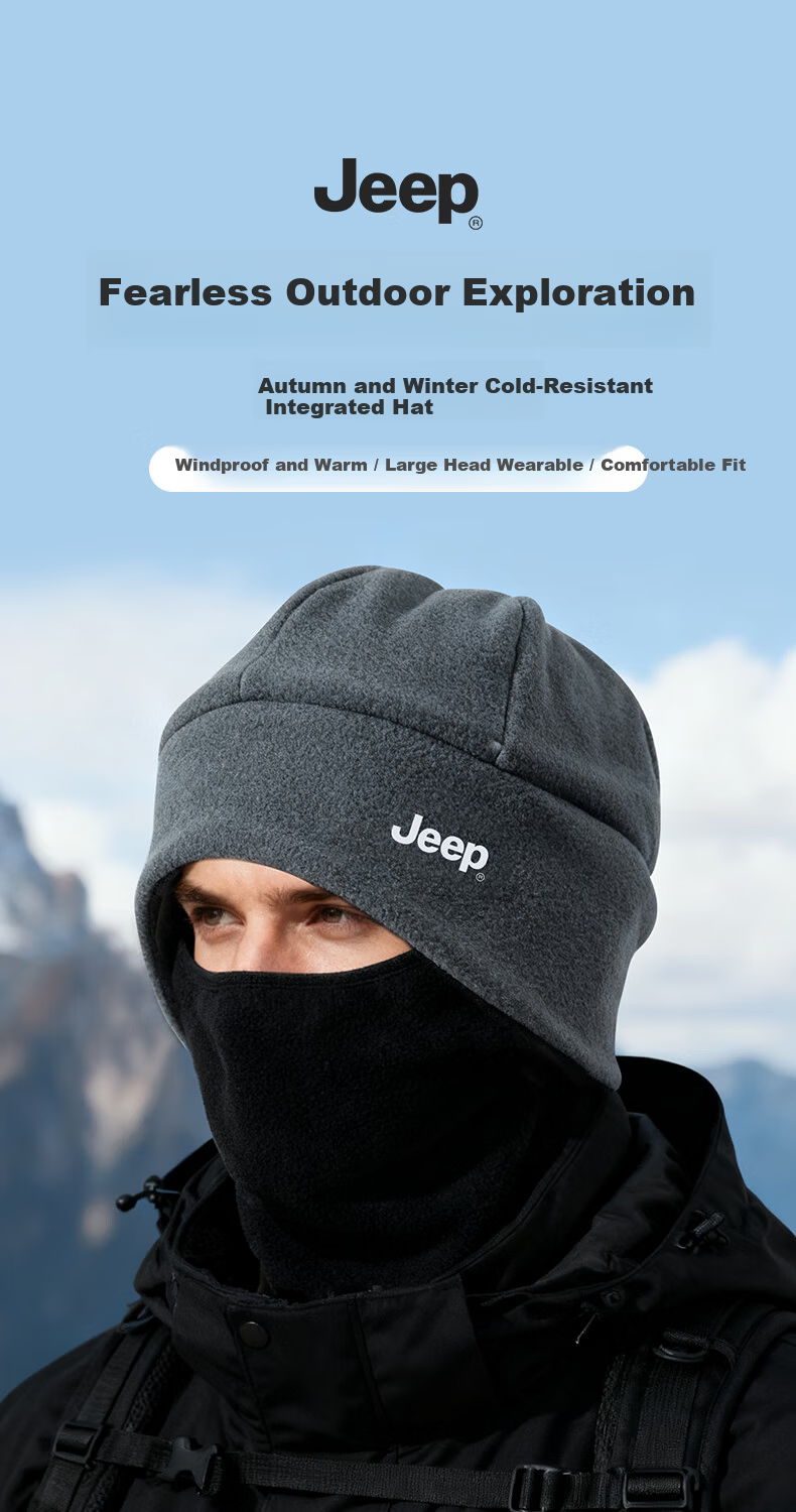 JEEP Winter Cycling Cap with Integrated Face Mask, Men's Warm Fleece Windproof Cold-Resistant Face, Ear, and Neck Protection, Black 1