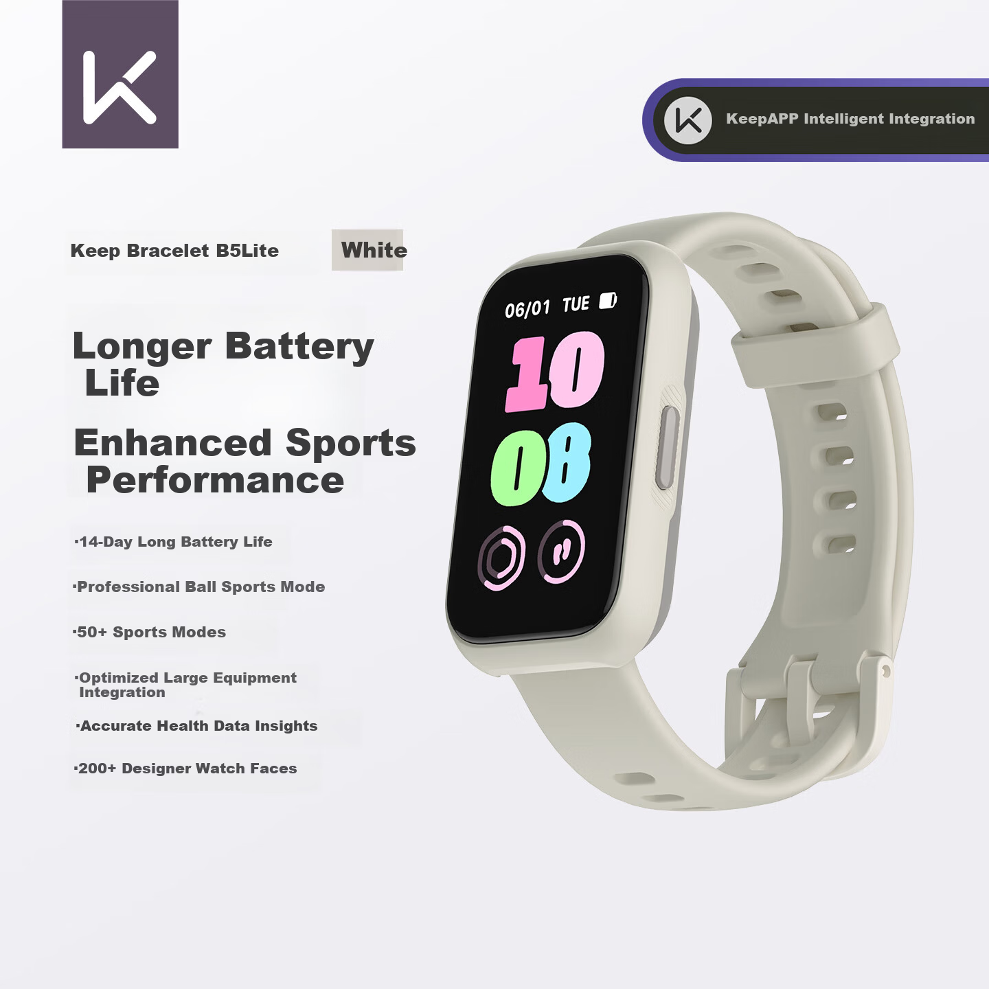 Keep Smart Fitness Tracker Sports Bracelet Fitness Blood Oxygen Heart Rate Monitor Multi-Sport Modes B5 Lite - Off-White with Added Table Tennis and Basketball Modes