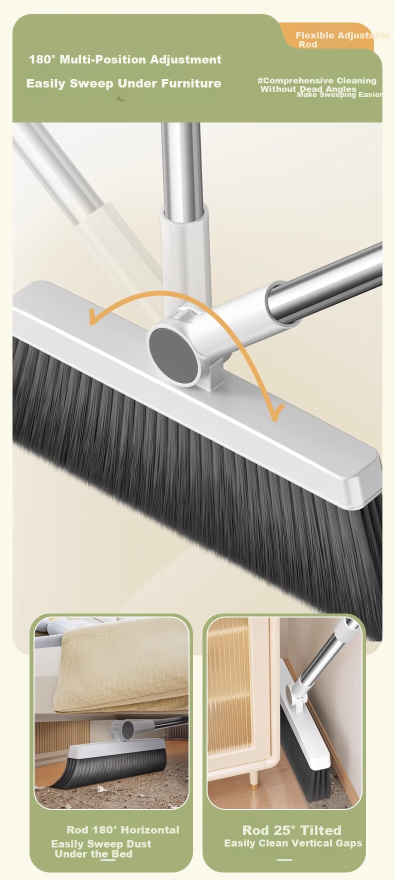 Jieshibao Broom And Dustpan Set, Household Broom Combination, Non-Stick Hair Sweeping Tool, Floor Scraper, Nordic Gree 5
