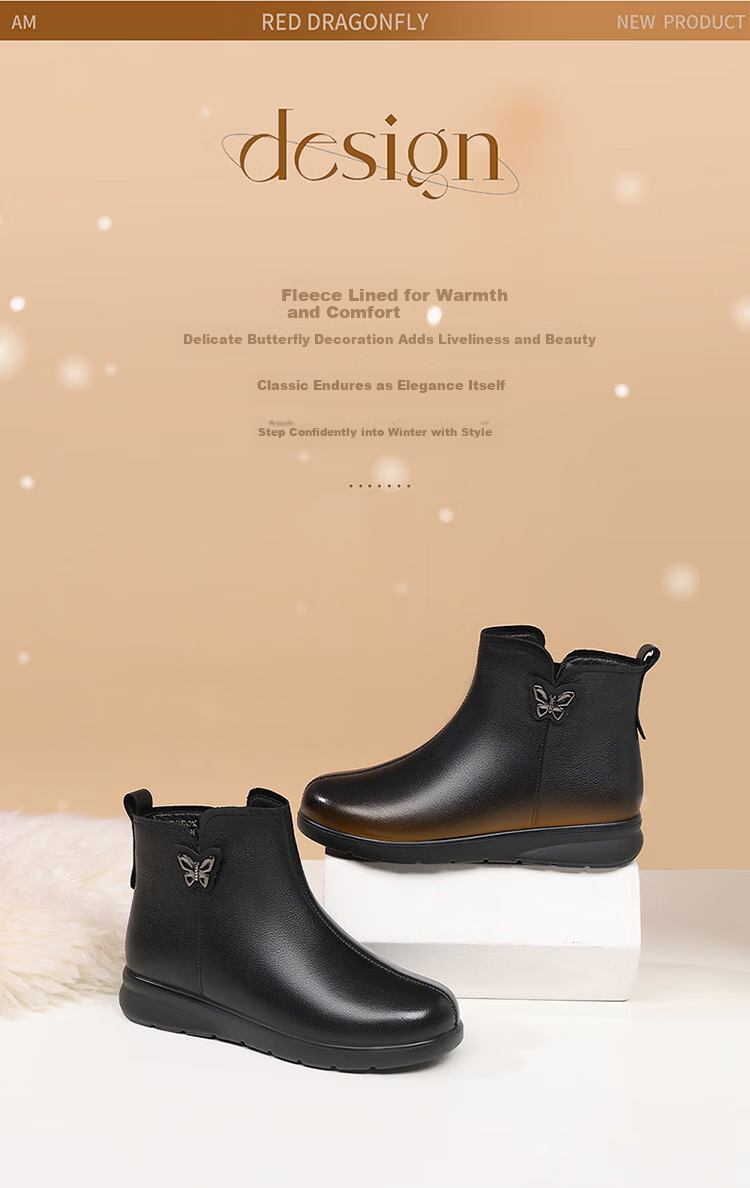 Red Dragonfly Women's Winter Fleece-Lined Warm Leather Short Boots Soft Sole Lightweight Middle-Aged Cotton Boots WTC457431C Black Size 37 1
