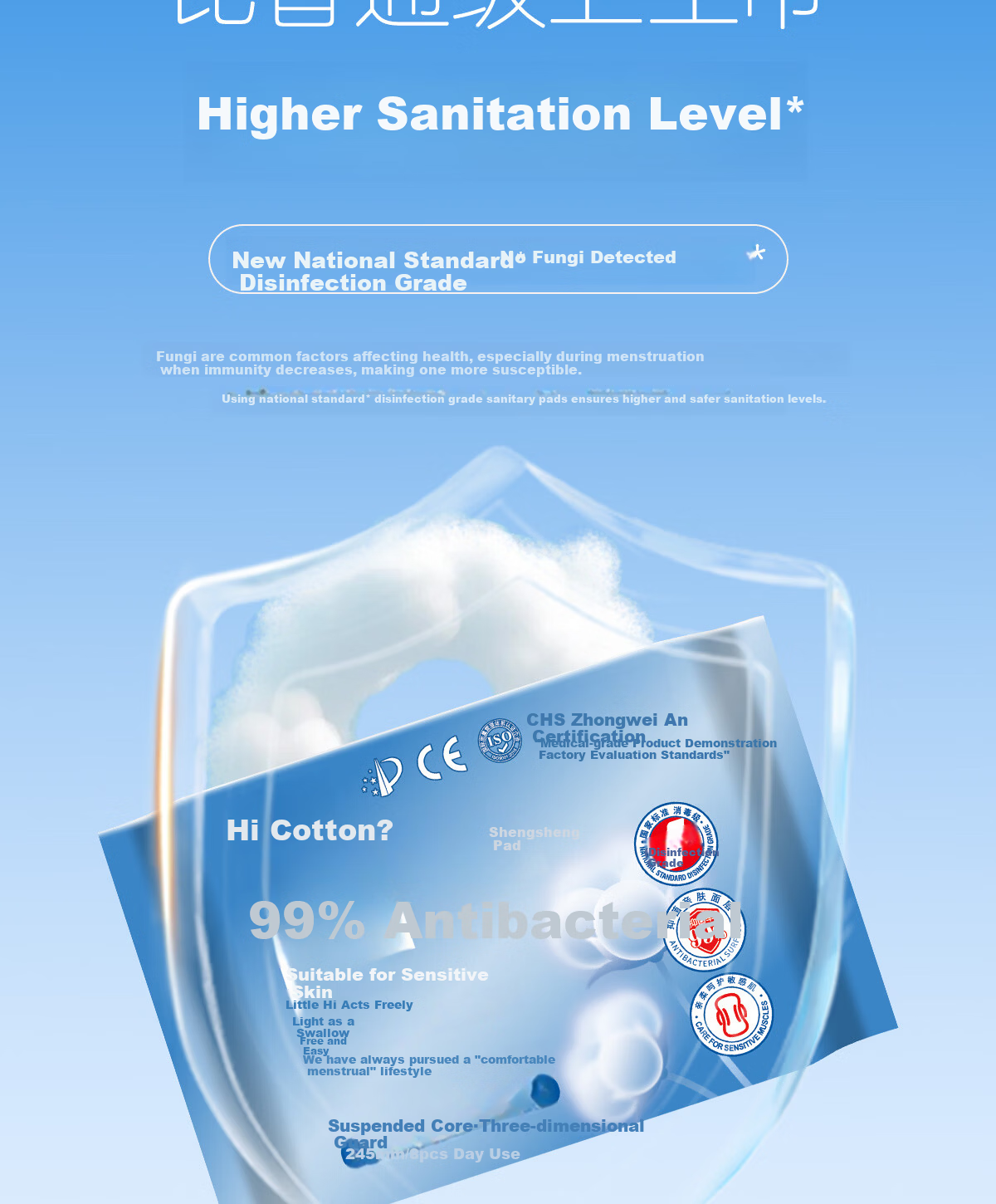 Hi Cotton Disinfection Grade Antibacterial 99 Sanitary Pads Day Use 245mm Ultra Thin Super Absorbent Breathable Leak-Proof No Backflow 8 Pieces Pack 4