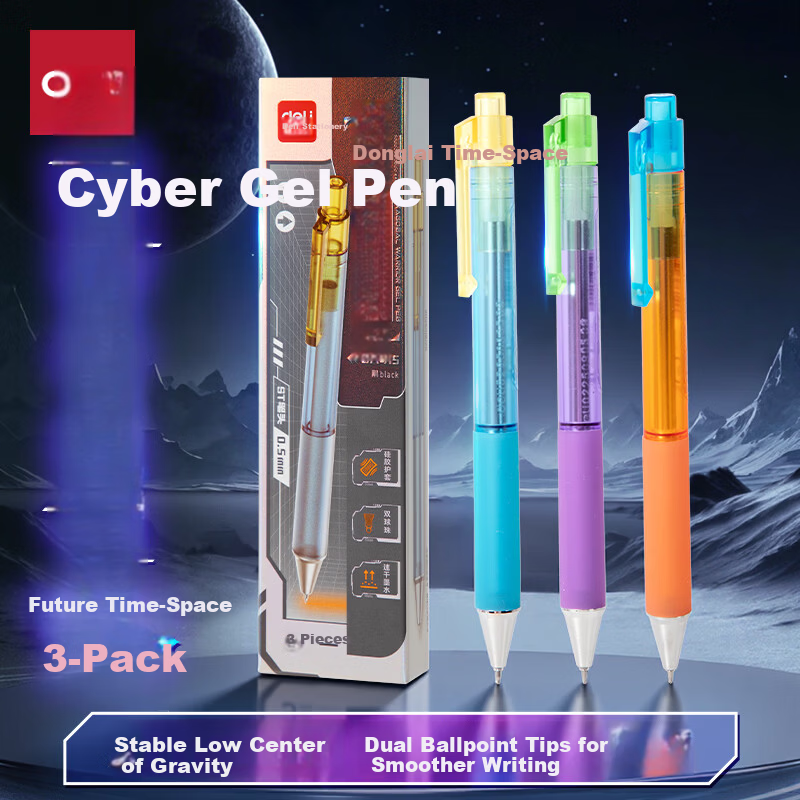 Deli Cyberpunk Click Gel Pen 0.5mm Dual Ballpoint ST Tip Quick-Dry Low Center of Gravity Design Black 3pcs/Box SA415