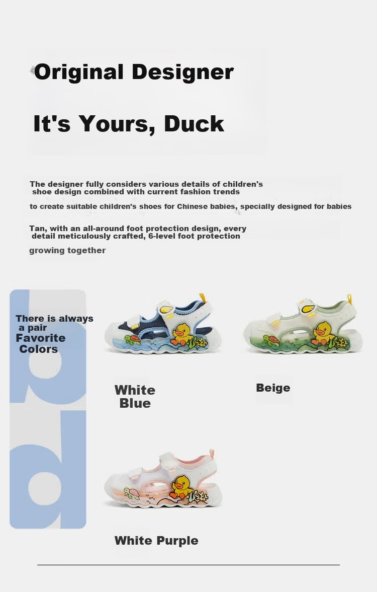 B.Duck Kids Yellow Duck Children's Sandals Summer Boys Girls Closed-Toe Anti-Collision Beach Light-Up Shoes 3907 White Purple Size 25 12