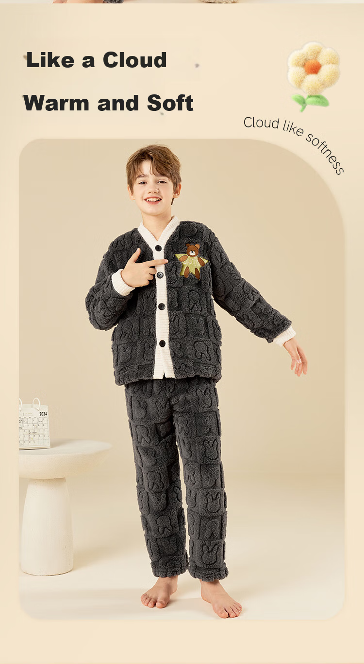 LangSha Fleece-Lined Thickened Flannel Children's Pajama Set Autumn Winter Boys Sleepwear Warm Clothes 2