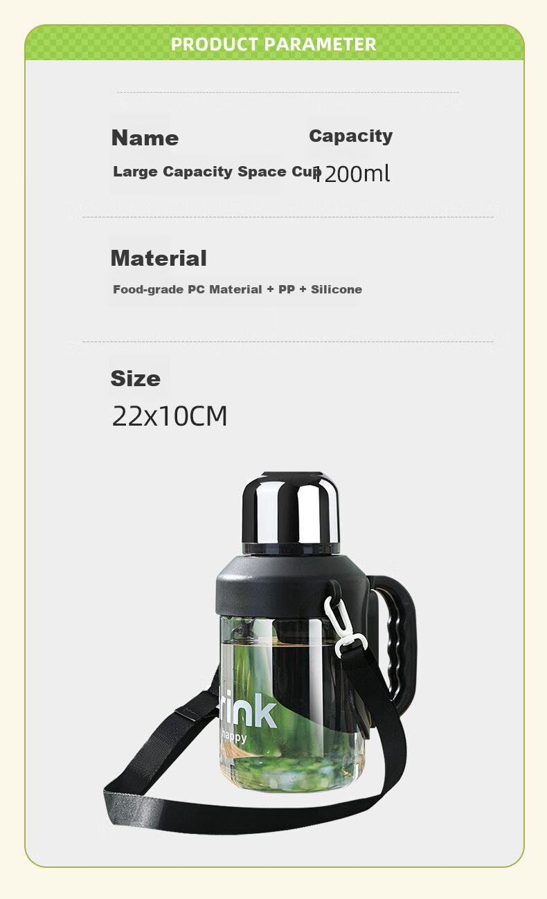 ZhaiQingSong Ton Cup Large Capacity Plastic Water Bottle High Temperature Resistant Handle Portable Sports Outdoor Water Bottle 1200ML 5