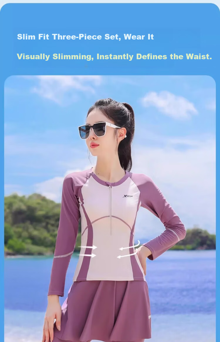 Xtep Women's Swimsuit Three-Piece Set Long Sleeve Long Pants Conservative Sun Protection Plus Size Two-Piece Slimming Tummy Control Diving Surfing Suit 4