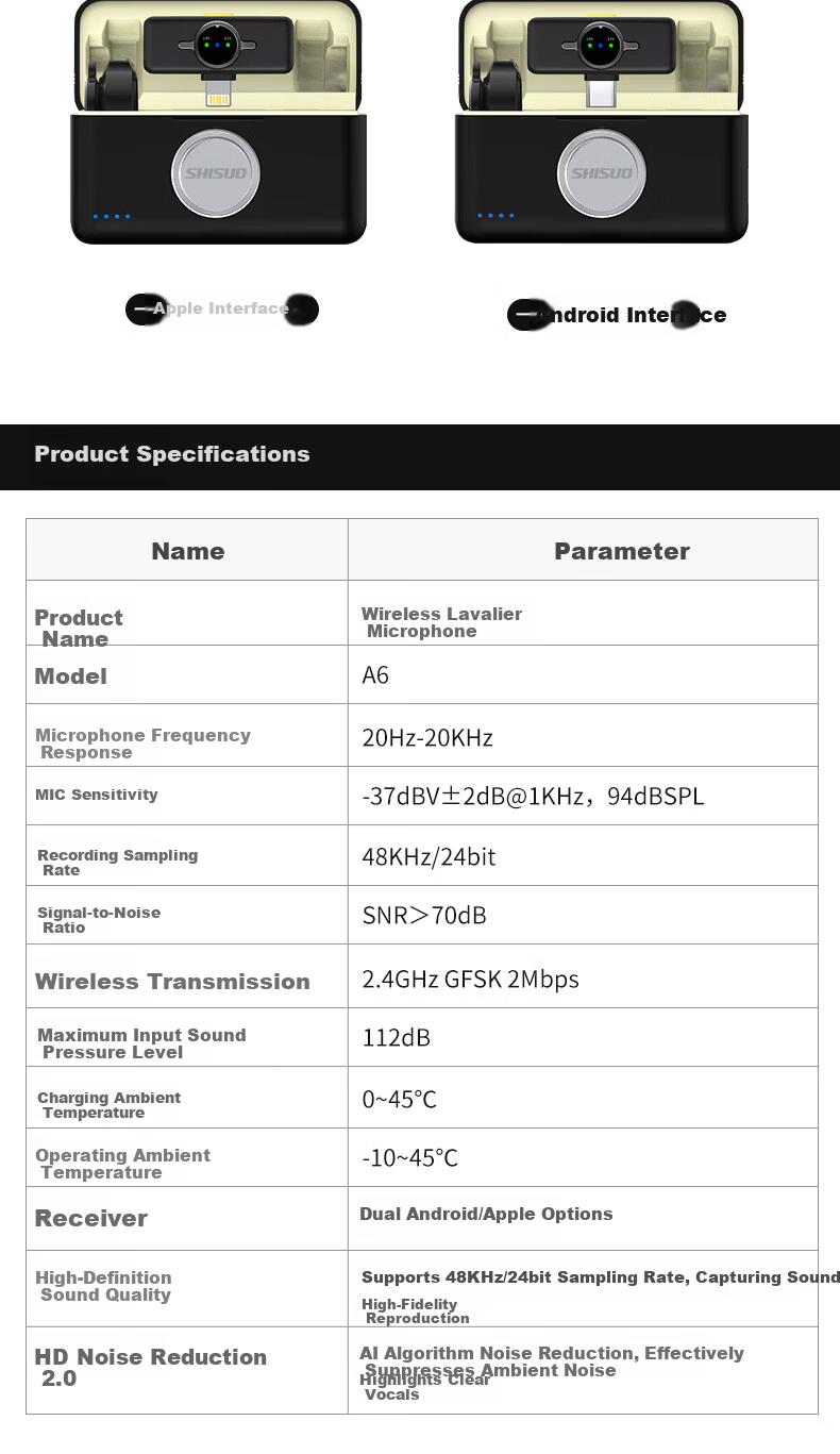 SHISUO A6 Wireless Lavalier Microphone for Live Streaming, Mobile, Computer, Camera, Recording, Outdoor Interview, Noise Reduction, TikTok Karaoke, Short Video Equipment, Multiple Versions Available 13