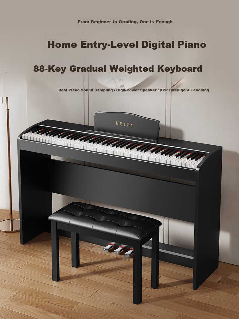 Betsy B885 Black Digital Piano with 88 Weighted Keys, Beginner Home Practice, Professional Grading Electronic Piano with Wooden Stand 3