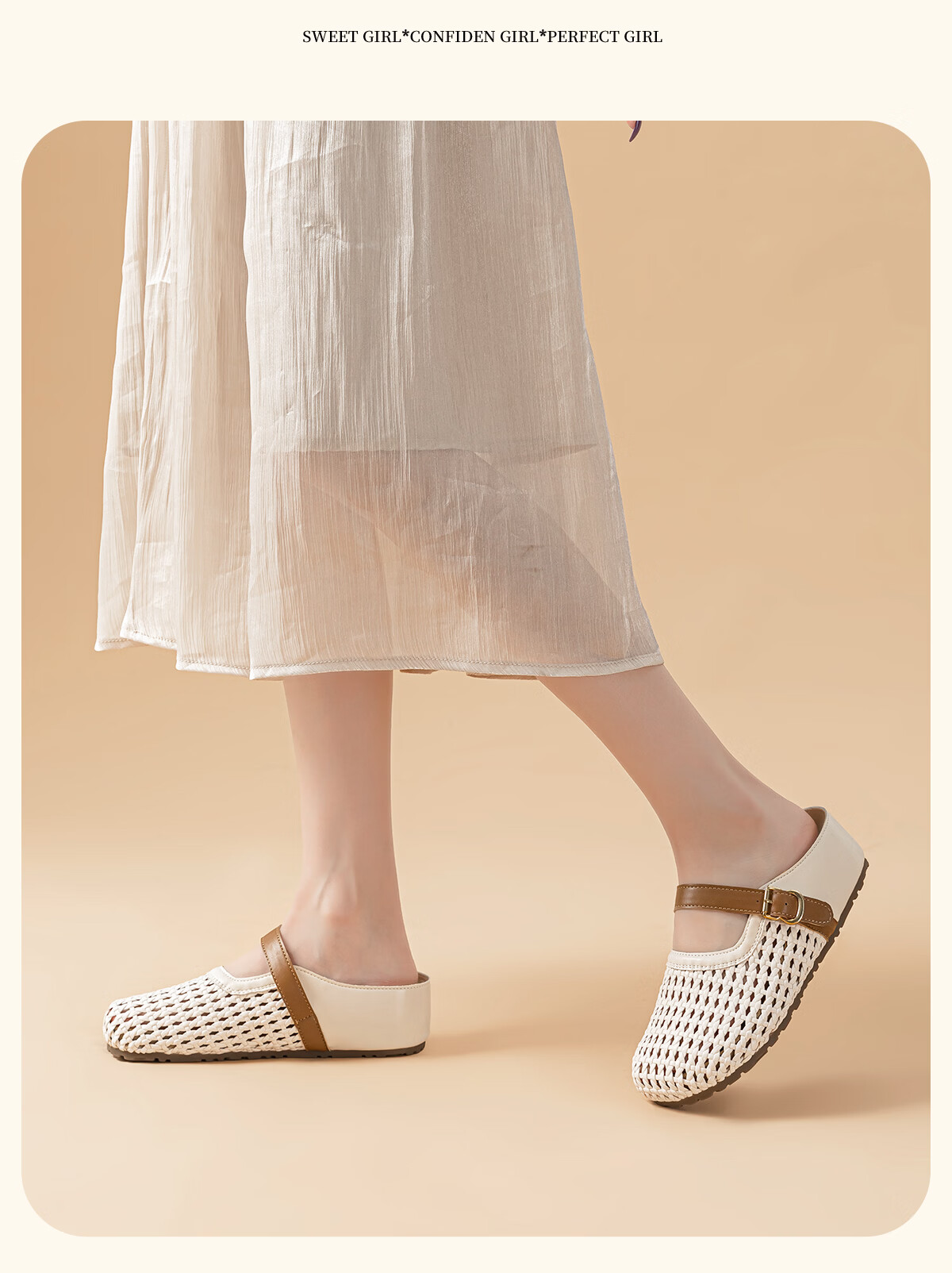 Warrior Hollow Woven Birkenstock Style Open Toe Half Slippers for Women Summer Thick Sole Height Increasing Sandals Beige Brown Size 37 13