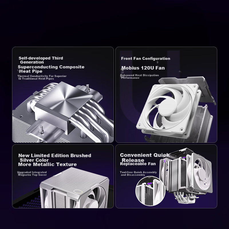 CoolerMaster Hyper 612 Pro Silver CPU Air Cooler Single Tower/3rd Gen Superconducting 6 Heat Pipes/Dual Mobius Fans/Brushed Metal Top Cover/Multi-Platform Mounting Kit