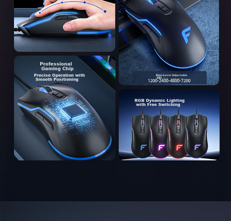 Founder Seven-Color Mixed Light Wired Gaming Mouse 4-Level Up to 7200DPI Esports-Grade Chip Gaming Office Mouse Universal for PC Laptop G900 Black 3