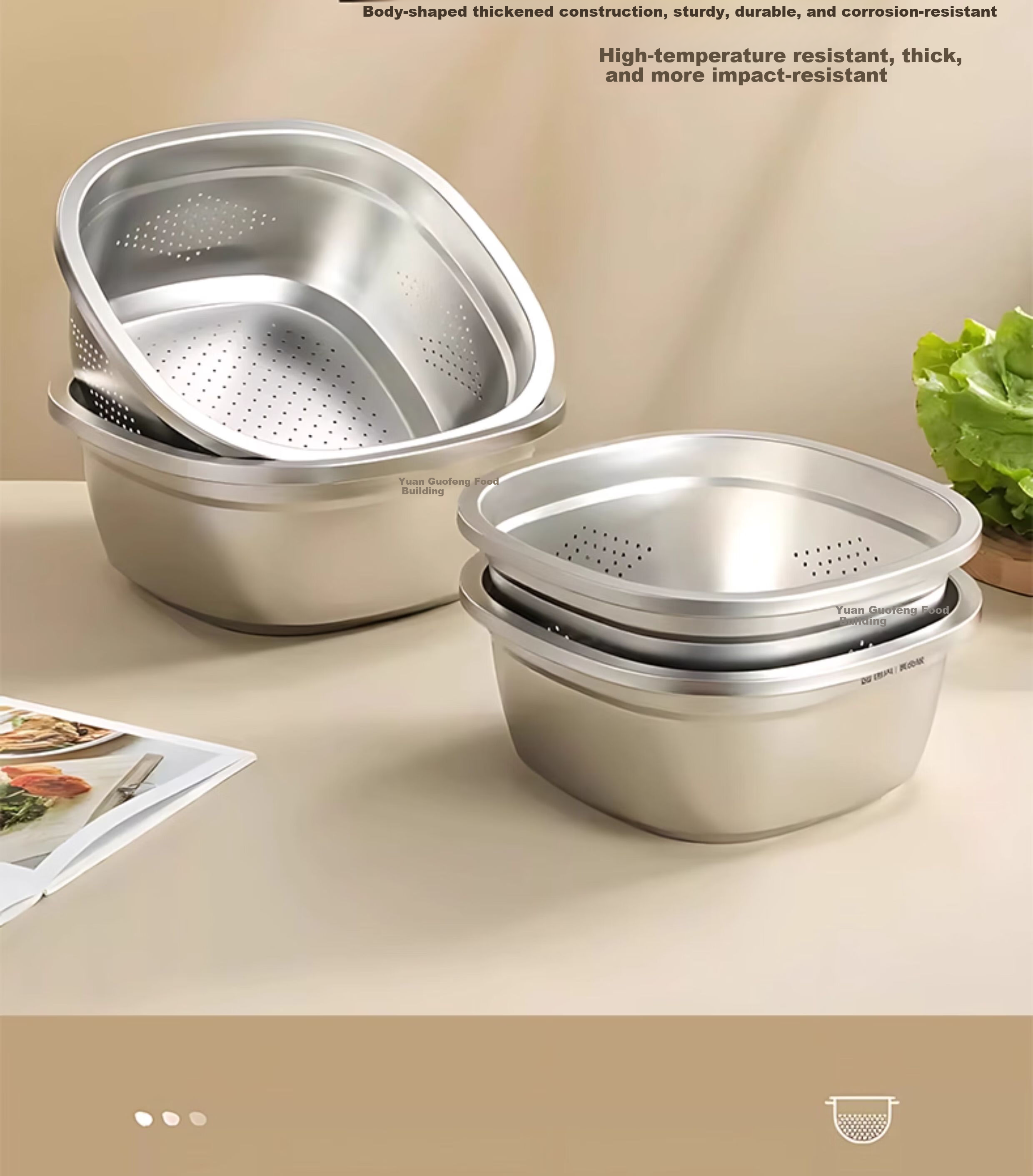 Guofeng Food-Grade Stainless Steel Square Kitchen Basin Rice Washing Bowl 26cm 3