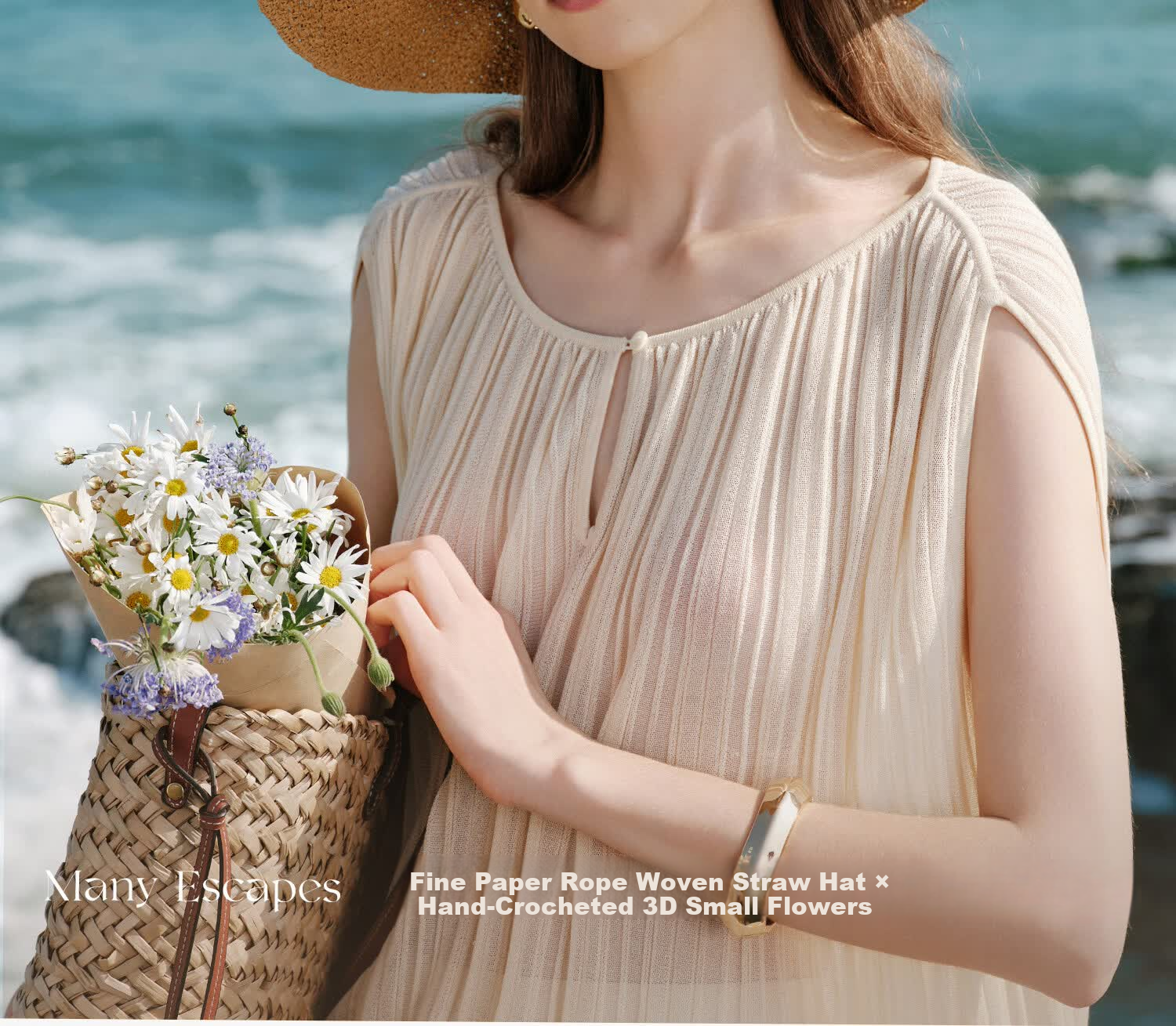 FANCET Women's Hand-Crocheted Straw Hat Spring Summer French Elegant Beach Vacation Floral Foldable Sun Hat 2