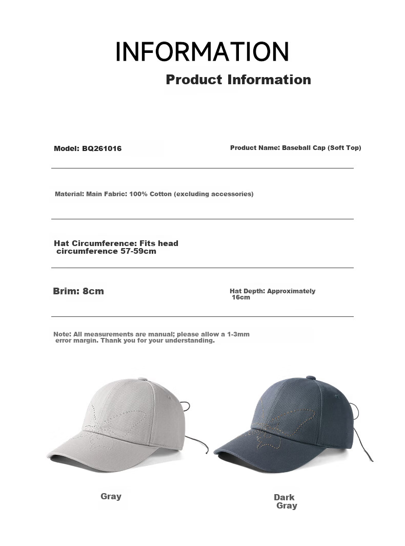 CACUSS Women's Baseball Cap Butterfly Rhinestone Cotton Soft Top Face Slimming Adjustable Strap Dark Gray 8