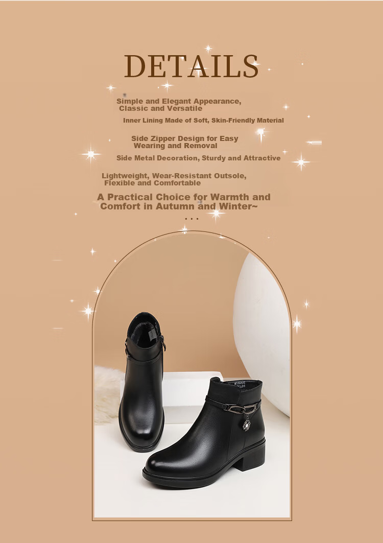 Red Dragonfly Women's Genuine Leather Short Boots Autumn Winter Fleece Lined Warm Thick Sole Chunky Heel Slim Boots WTC456961C Black Size 37 2
