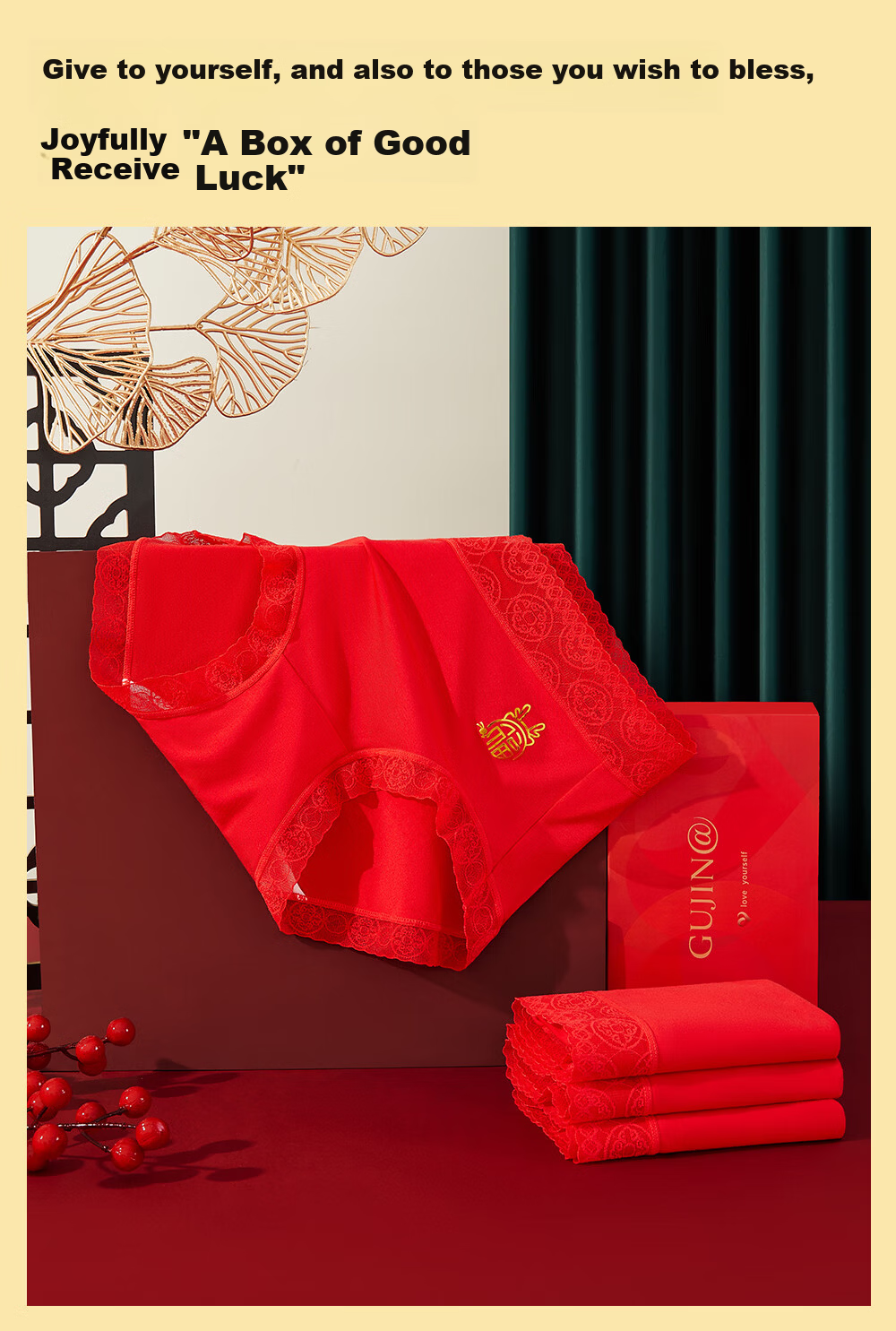 GUJIN Women's Red Underwear Set for the Year of the Snake, Mid-Waist Antibacterial Cotton Briefs and Socks for Marriage Year 4