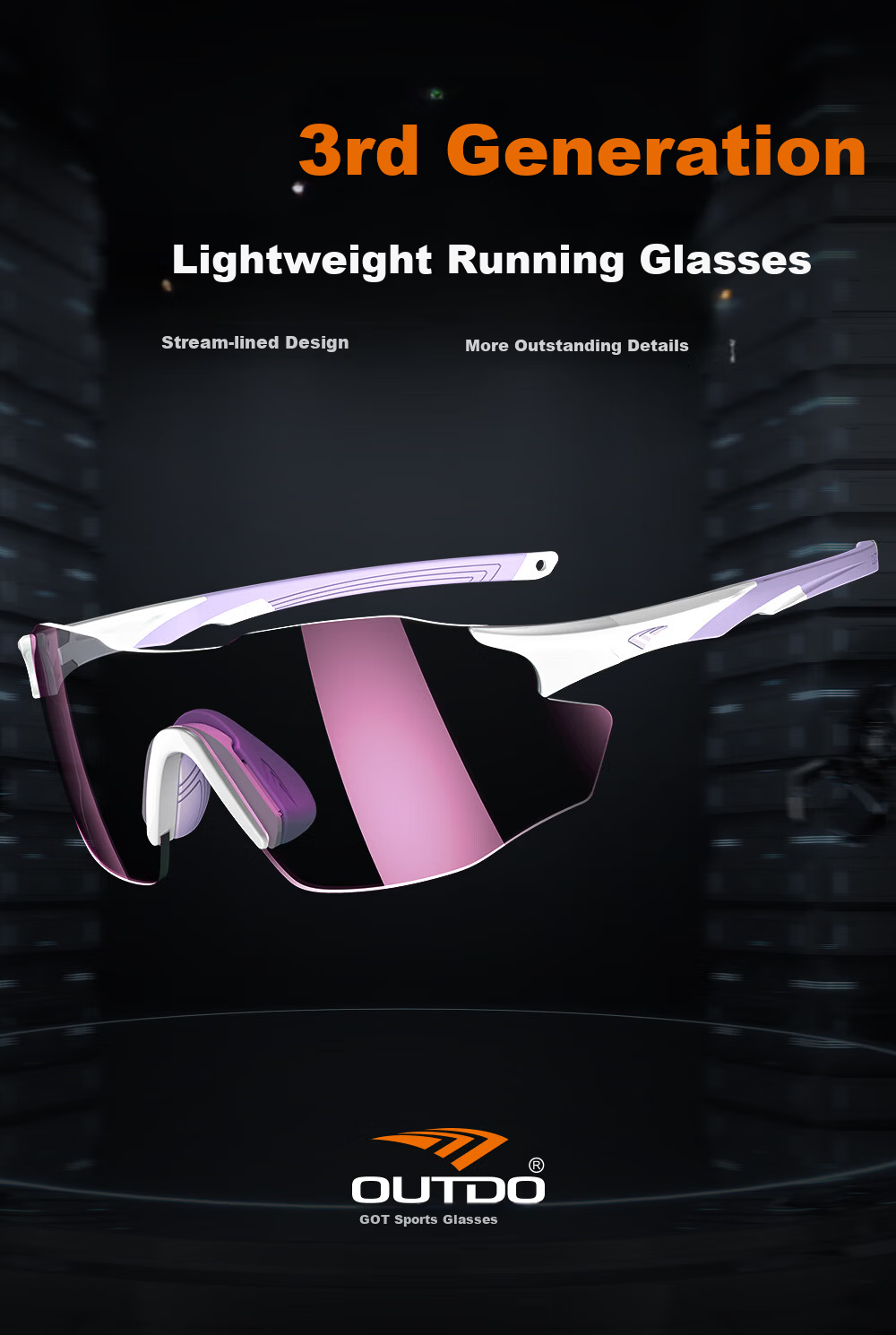 OUTDO Running Glasses Marathon Unisex Day and Night Outdoor Sports Sunglasses Photochromic White Frame Pink Purple Lens 2