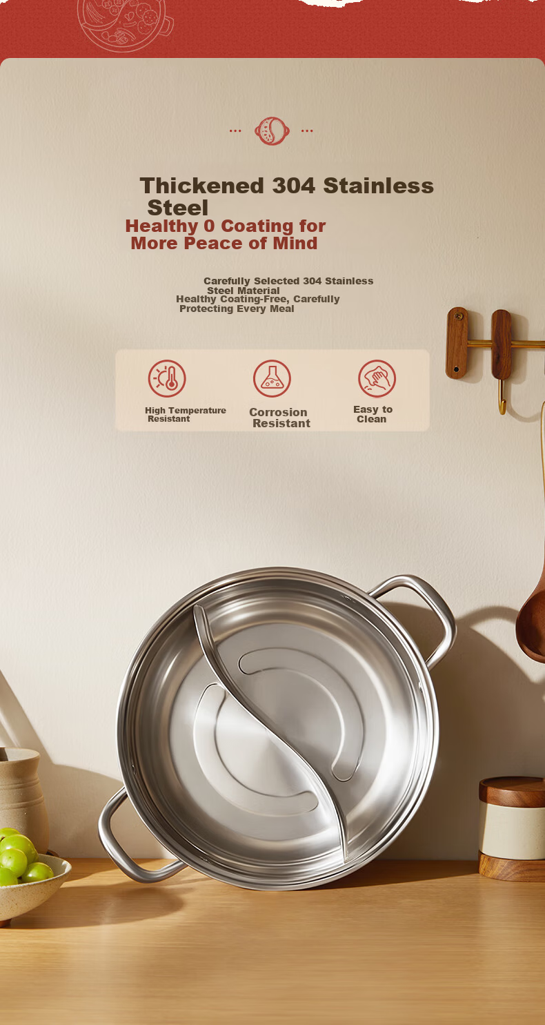 CHIGO 32cm 304 Stainless Steel Hot Pot Soup Pot Large Capacity Household Shabu-Shabu Pot Compatible with Induction Cooker and Gas Stove 6