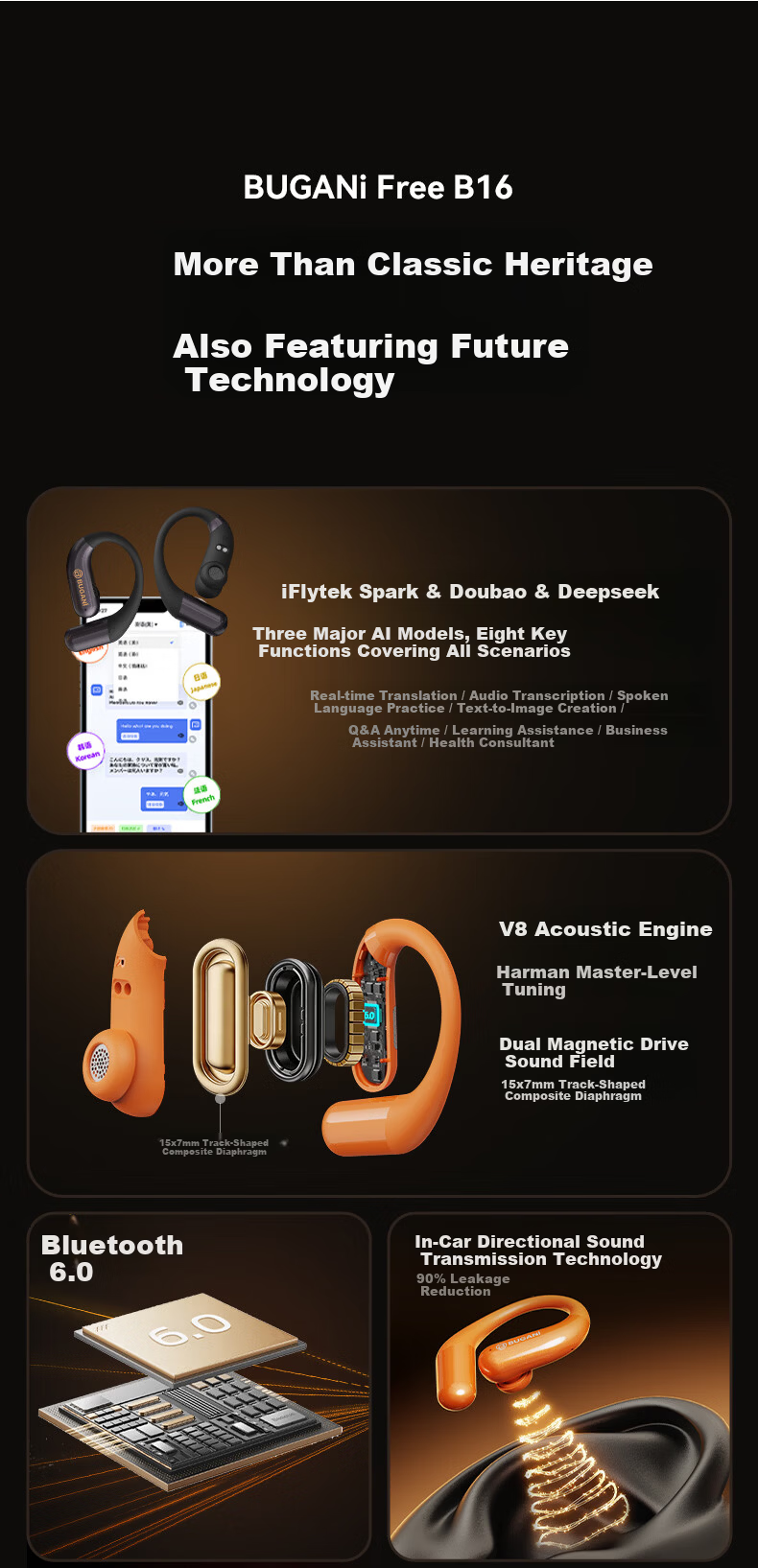 BUGANI Free B16 Ford Mustang Edition Bluetooth Earbuds Open-Ear Wireless AI Simultaneous Translation Sports Running Earphones Yao Ye Black 7