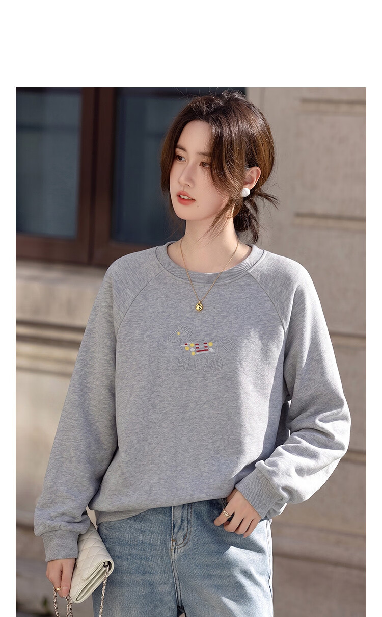 Demana [Cloud Oxygen Cotton Series] Summer Heavywork Pony Embroidery Crew Neck Long Sleeve Slim Fit Petite Sweatshirt for Women Premium Feel 10
