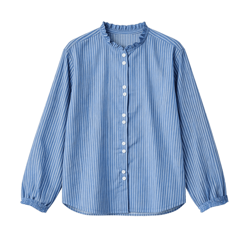 Demana [Pure Cotton Whisper] Spring Korean Style Lace Stand Collar Striped Loose Long Sleeve Commuter Shirt Women's Top