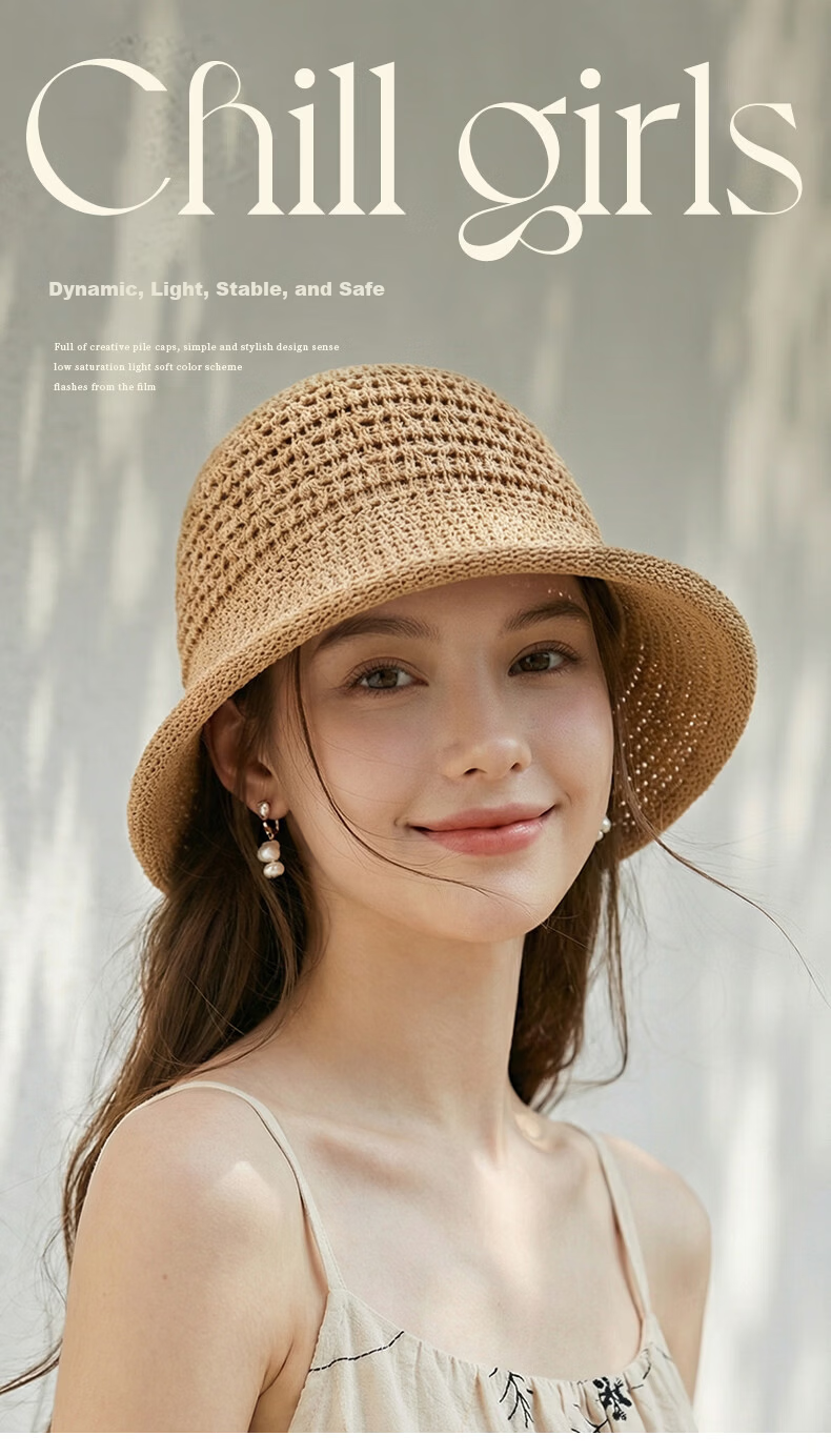 CACUSS Hollow Weave Sun Hat for Women Summer Outdoor Face-Slimming Retro Breathable Bucket Hat Khaki 1