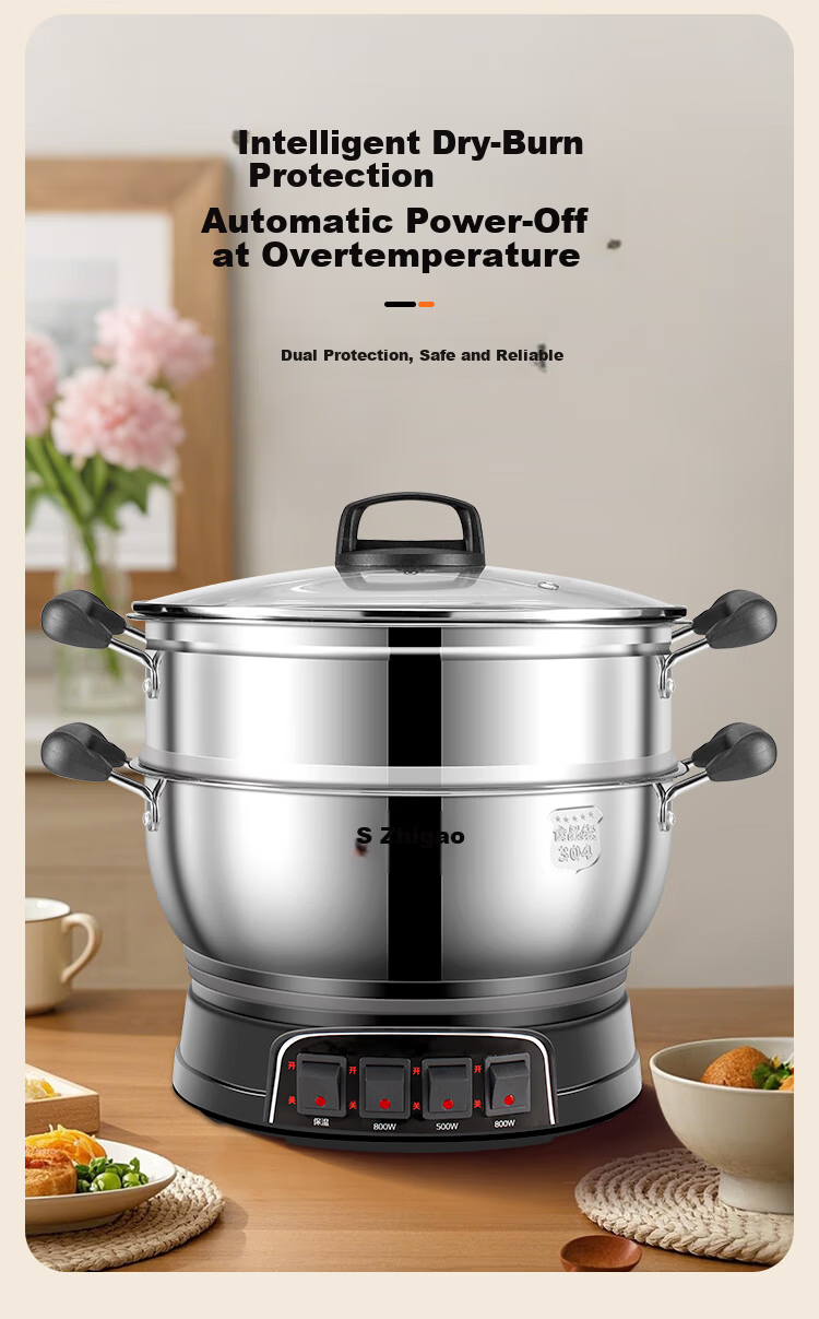 CHIGO Electric Steamer Pot [0 Coating 0 Plastic] Household Multifunctional Stew, Steam, and Cook Electric Hot Pot Stainless Steel Steamer Basket 12.5L Large Capacity Multi-Purpose Double-Layer Pot 7