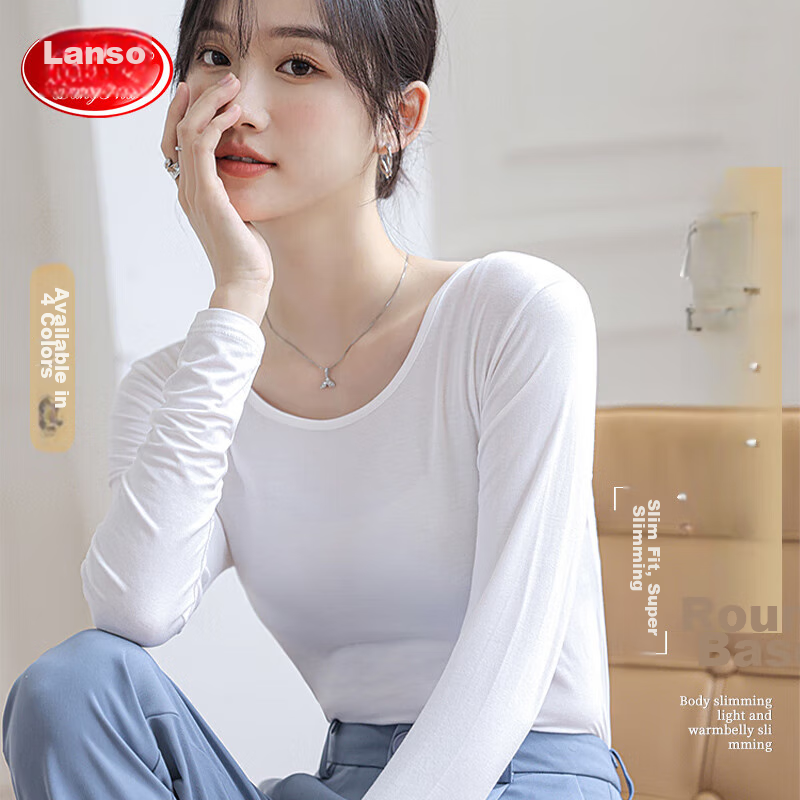 LangSha Women's Thin Cotton Undershirt, Comfortable Round Neck Thermal Underwear, Slim-Fit Base Layer for Winter, White