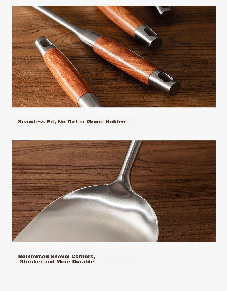 Momi Premium Stainless Steel Soup Spoon Large Cooking Spoon Extended Wooden Handle High Temperature Resistant Household Ladle 6