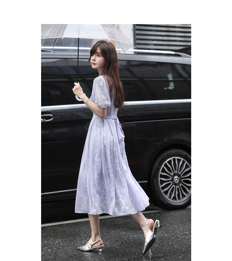 Mt [Mosang Ziyuan] Summer Elegant Socialite V-Neck Textured Jacquard Lightweight Waist-Cinching A-Line Women's Dress 9