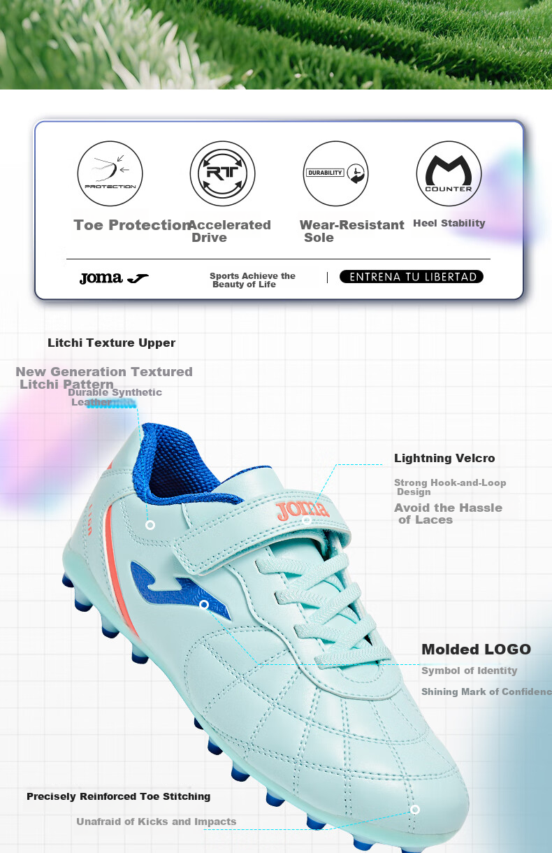 JOMA 2025 New Magic Tape Children's Soccer Shoes MG Short Studs Youth Student Training Shoes Light Blue/Dark Blue Size 36 2
