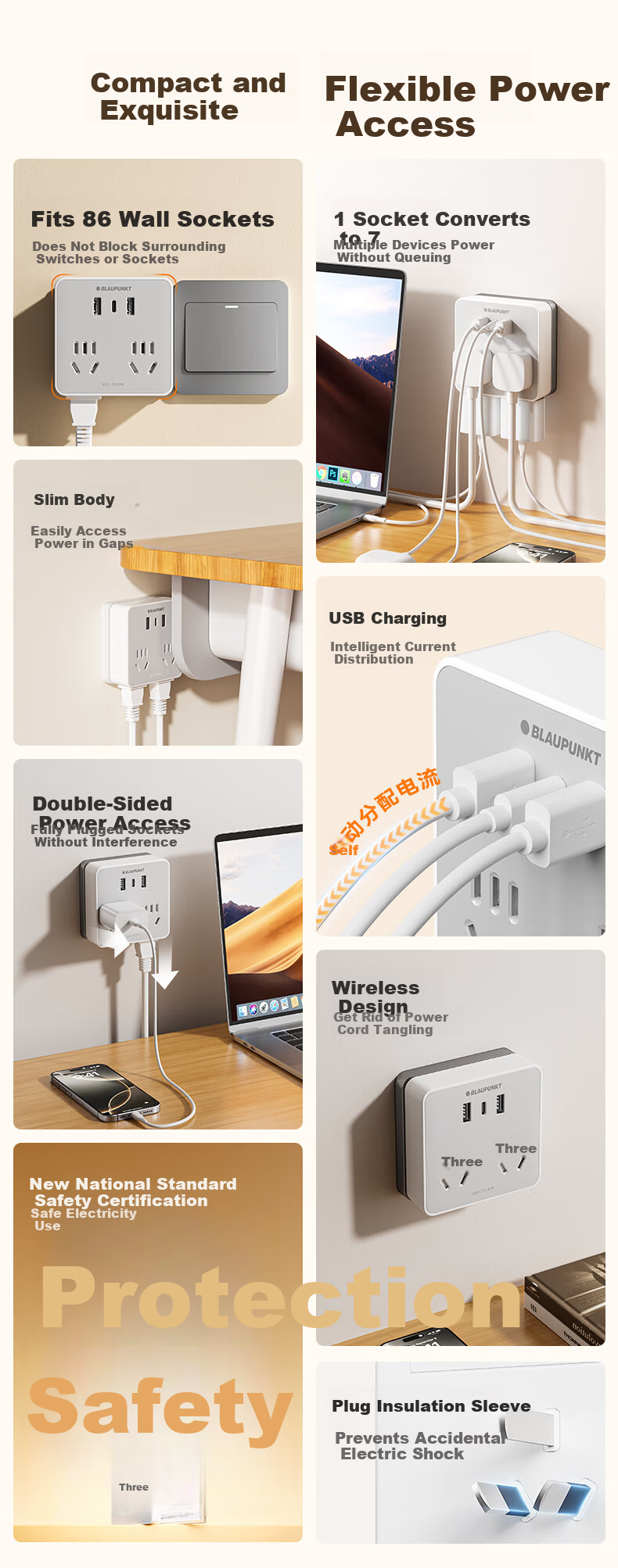 BLAUPUNKT Socket Extender, 86 Panel Multi-Outlet Adapter, One-To Converter, Multifunctional Plug-In Wireless Power Strip with USB+Type-C 2