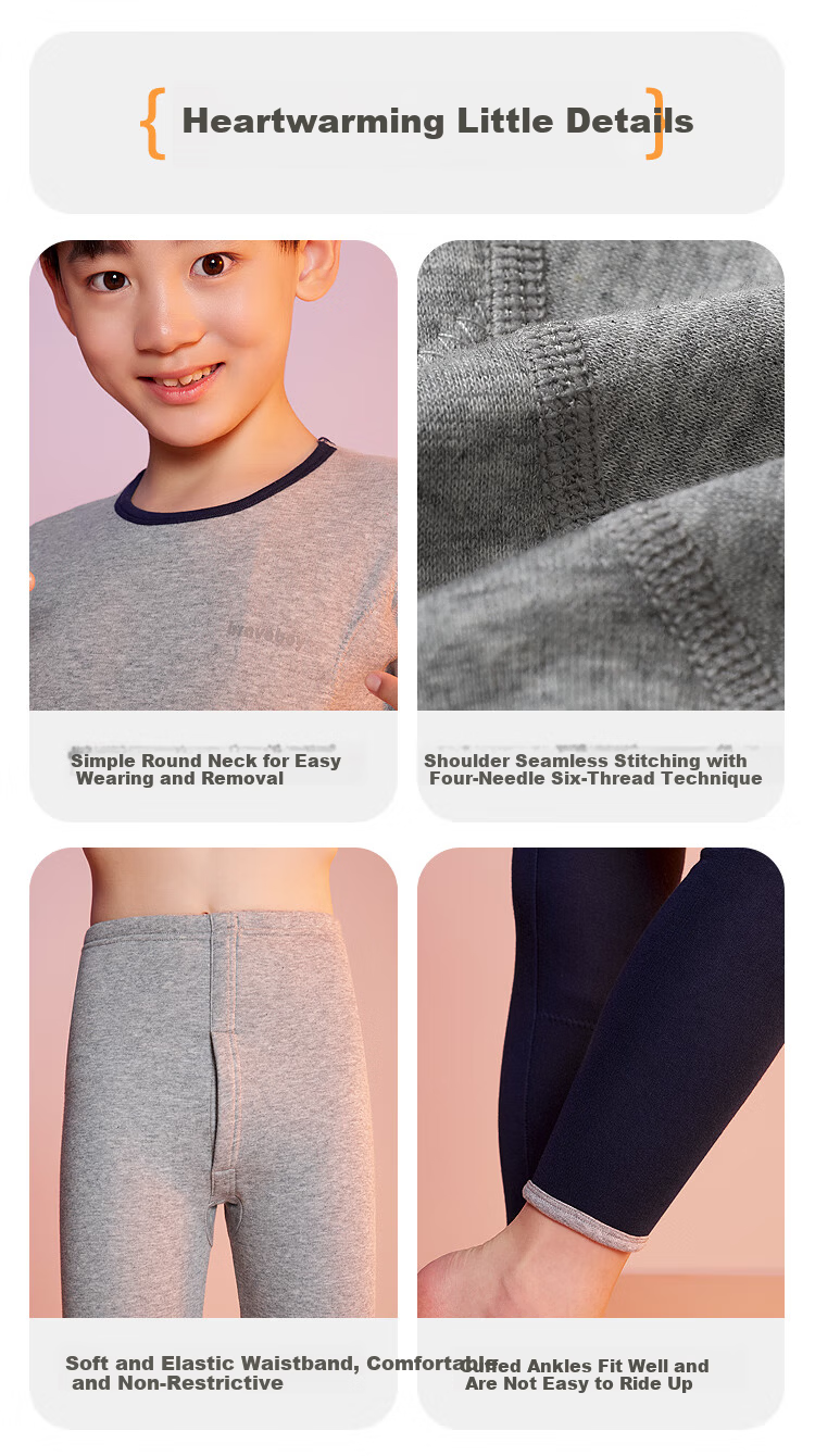 Hodohome Kids Thermal Underwear Boys A-Class Patch Stomach Warmer Back Protector Knee Pads Fleece Thickened Autumn Set 301 Blue 130 3