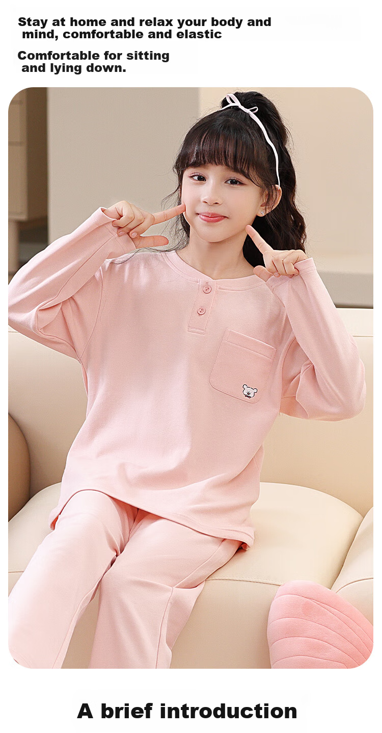 MiiOW Kids Pajamas Girls 40S Cotton 5A Antibacterial Homewear Set Half-Open Collar Long Sleeve Light Gray Green 140cm 4