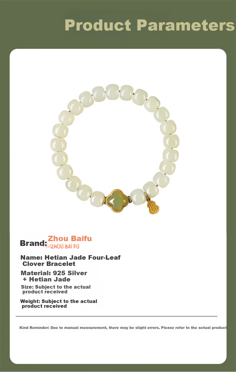 Chow Tai Fook Hetian Jade Four-Leaf Clover Silver Bracelet for Women Luxury Jade Beaded Bracelet Ring Birthday 520 Valentine's Day Gift for Girlfriend 7