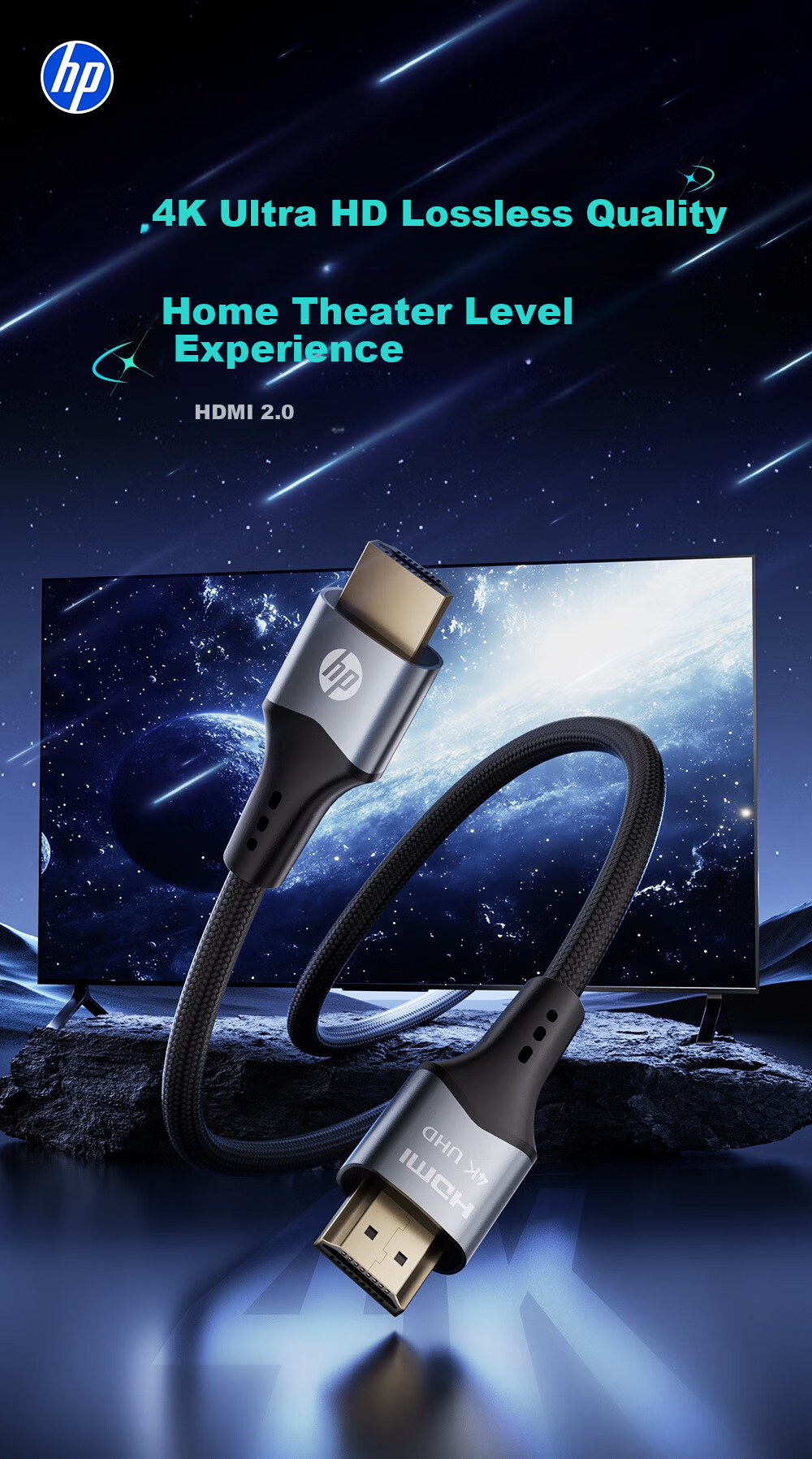 HP HDMI Cable 2M 4K60Hz Digital High-Definition HDMI 2.0 Cable for Laptop Set-Top Box TV Projector Monitor with Cotton Braided Wire 1