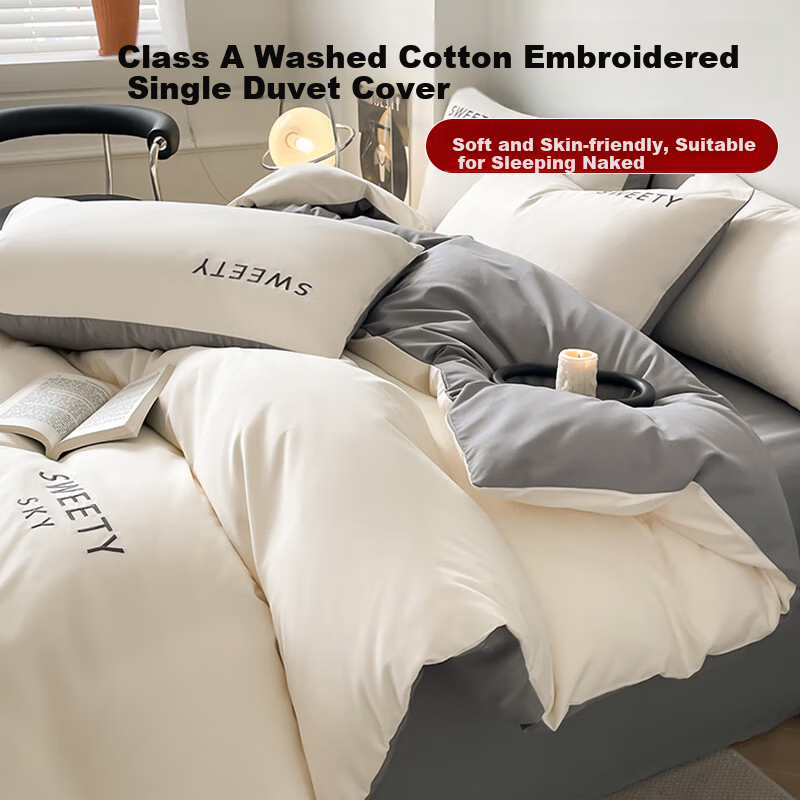 AVIVI Class A Washed Cotton Embroidered Duvet Cover Single Dormitory Single Bed Quilt Cover 150x200 Clear Sky White