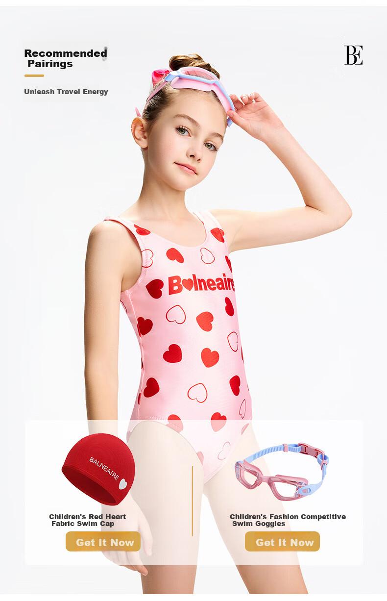 BALNEAIRE High-End Fashion Girls' One-Piece Triangle Sunscreen Vacation Beach Swimsuit Chlorine-Resistant Small Red Heart Pink Size 100 8