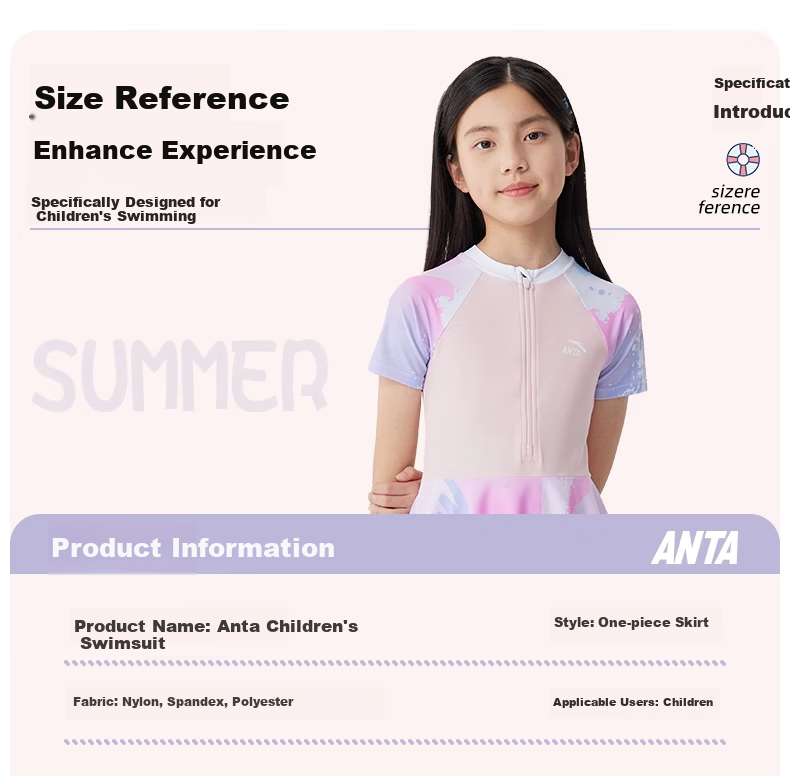 ANTA Kids Girls One-Piece Skirted Sunscreen Swimwear Youth Student Large Child Hot Spring Swimsuit Pink 170 9