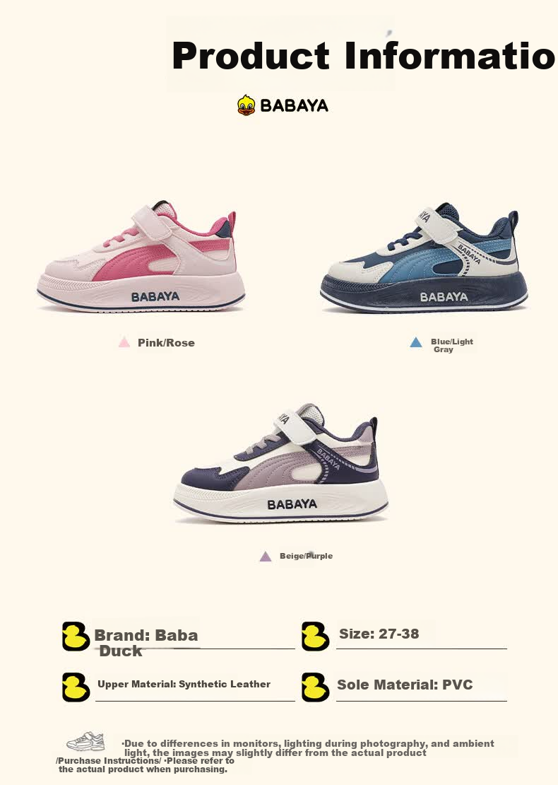 Baba Duck Kids Shoes Boys Sports Shoes Four Seasons Girls Shoes Large Kids Velcro Casual Shoes 51828 Beige Purple Size 27 2