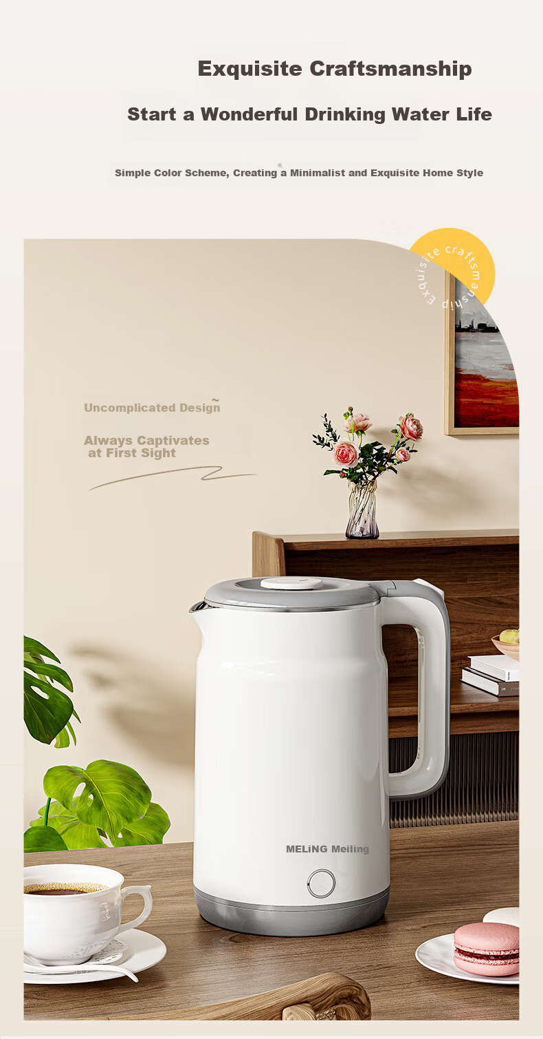 MeiLing [Price Protection 618] Electric Kettle, Hot Water Kettle, Household Double-Layer Anti-Scalding, 1.7L Large Capacity Inner Tank, 304 Stainless Steel MH-D601 1